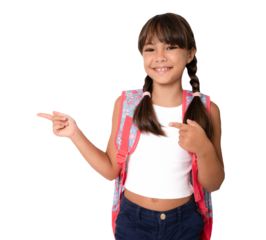 Smiling brunette student schoolgirl wearing school backpack pointing fingers side standing over transparent background. PNG