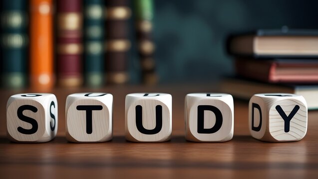 Study Time A close-up of dice spelling 'STUDY' on a wooden surface, with blurred books in the background, suggesting education and learning