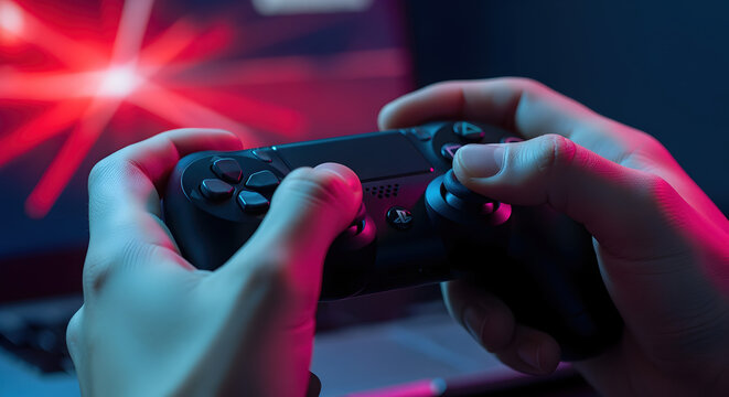 Close Up of Hands Holding a Black Gaming Controller with Red and Blue Neon Lighting for Immersive Entertainment Experience - Powered by Adobe