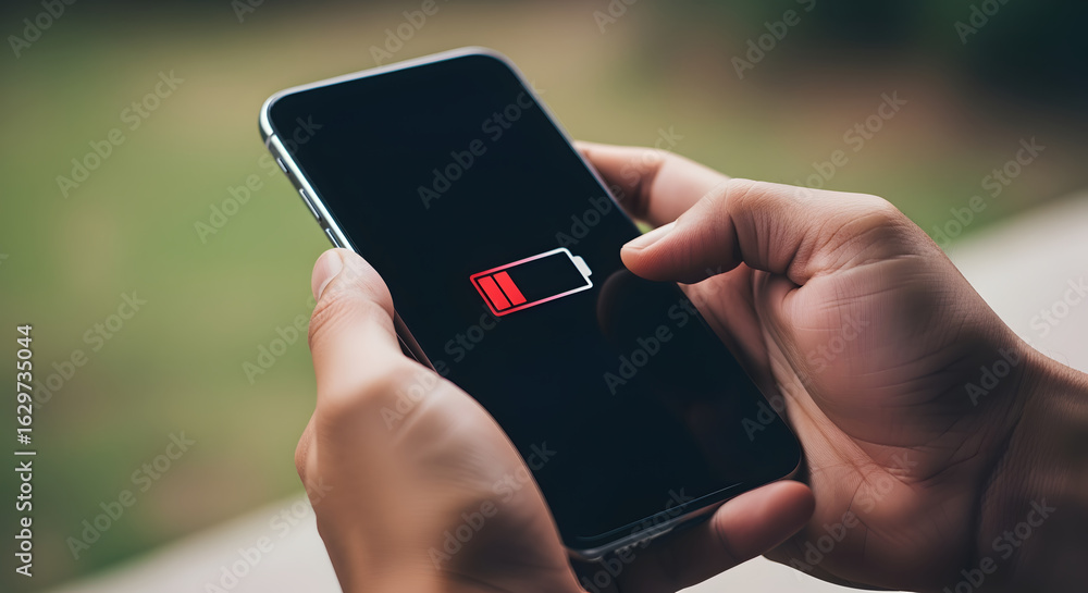 Poster close up of hands holding smartphone displaying low battery indicator on screen against muted green 