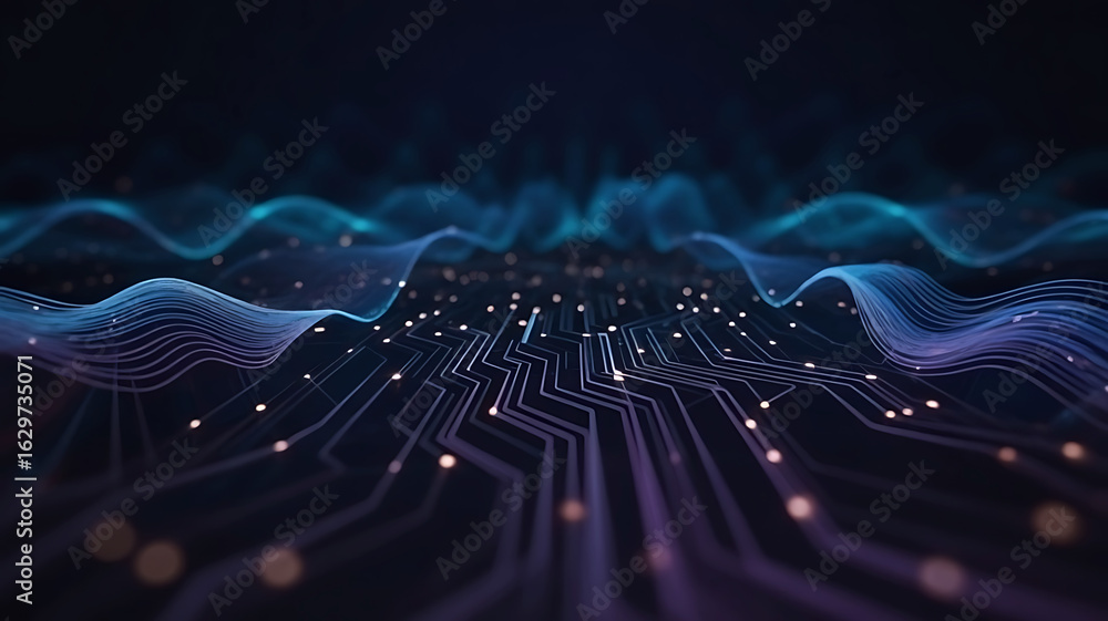 Poster abstract digital circuit board with glowing blue and purple waves representing data flow and connect