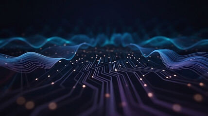 Abstract digital circuit board with glowing blue and purple waves representing data flow and connectivity