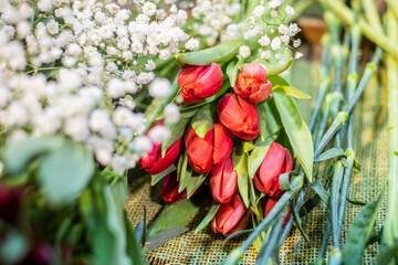 Flores blancas y tulipanes rojos. Floristería, tienda y negocio.