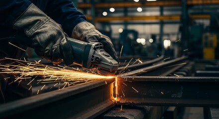 Metalworker using a grinder in a factory setting, Sparks flying as a worker grinds metal on a construction site