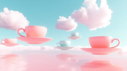 Pastel teacups floating in a dreamy, cloud-filled sky above a pink water surface