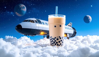 Fototapeta premium Drink with Tapioca Pearls Flying Among Clouds Near Spaceship