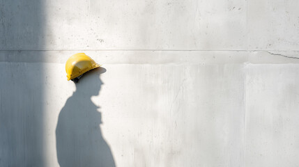 shadow of construction worker cast onto white concrete wall with real helmet at construction site, moment photography