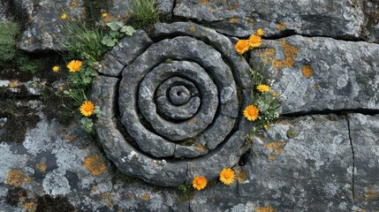 Ancient spiral design in stone.  Yellow wildflowers surround circular pattern