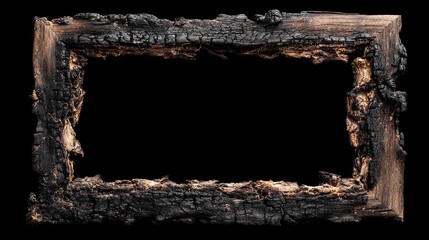 Rectangular wooden frame damaged by fire, showing charred and blackened textures