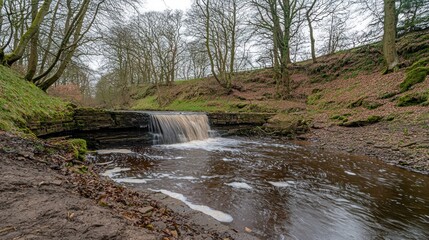 Small waterfall cascading over natural stone steps in a woodland stream