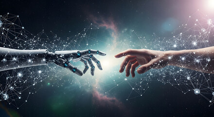 Obraz premium Digital Genesis A human hand reaches out to a robotic hand, a modern metaphor for the creation of artificial intelligence.