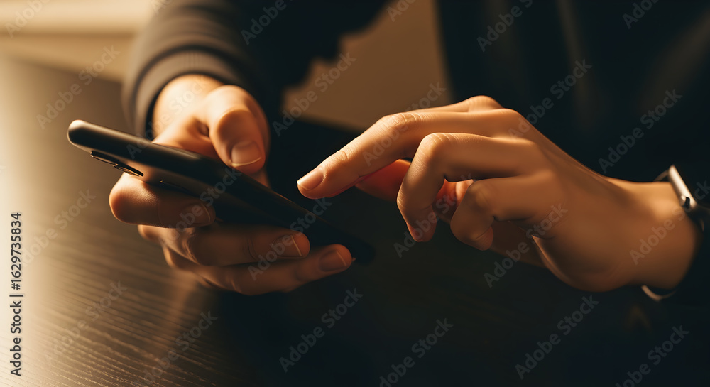 Aufkleber close up of hands using a smartphone on dark table in warm light indoor setting