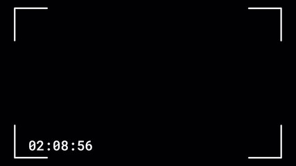 Camera viewfinder display overlay with corner markers and running timecode on a black screen. Digital video recording interface for filmmaking. - Powered by Adobe