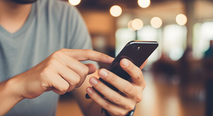 Close Up Of Person Holding Black Smartphone With Blurry Warm Background And Gray Shirt