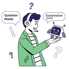 Stylized man with headset holding robot with question and exclamation marks illustration