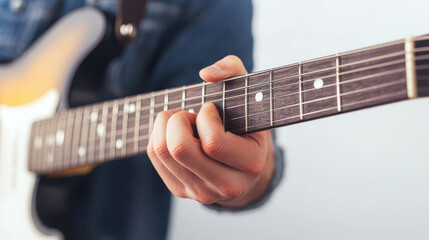 Fototapeta premium Close up of guitarist hand playing chords on electric guitar, showcasing fretboard and strings in detail