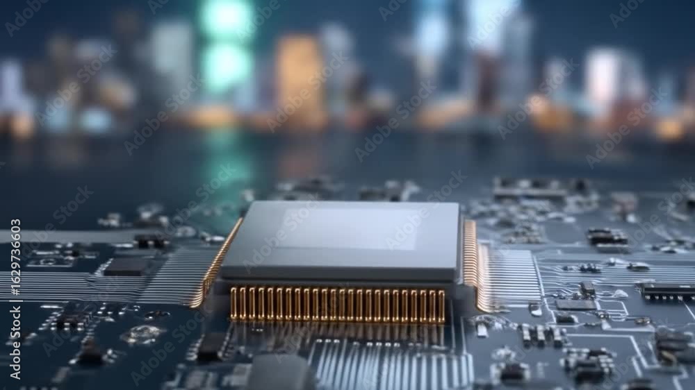 Wall mural computer microchip on circuit board close up with blurred cityscape background electronic components
