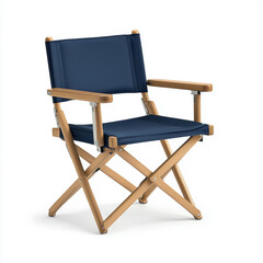 Fototapeta premium Stylish wooden director chair with navy blue fabric seat and backrest, featuring foldable design for portability and functionality