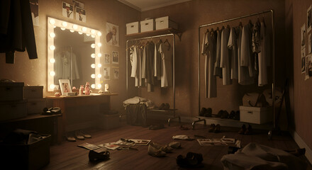 A female fashion model's dressing room with scattered clothing and shoes, showcasing a vintage, dimly lit setting. She is preparing for a fashion show, with clothes hanging and on the floor.
