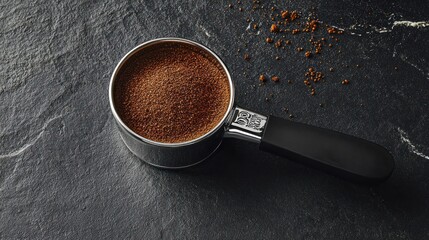 Coffee grounds in a metal tamper