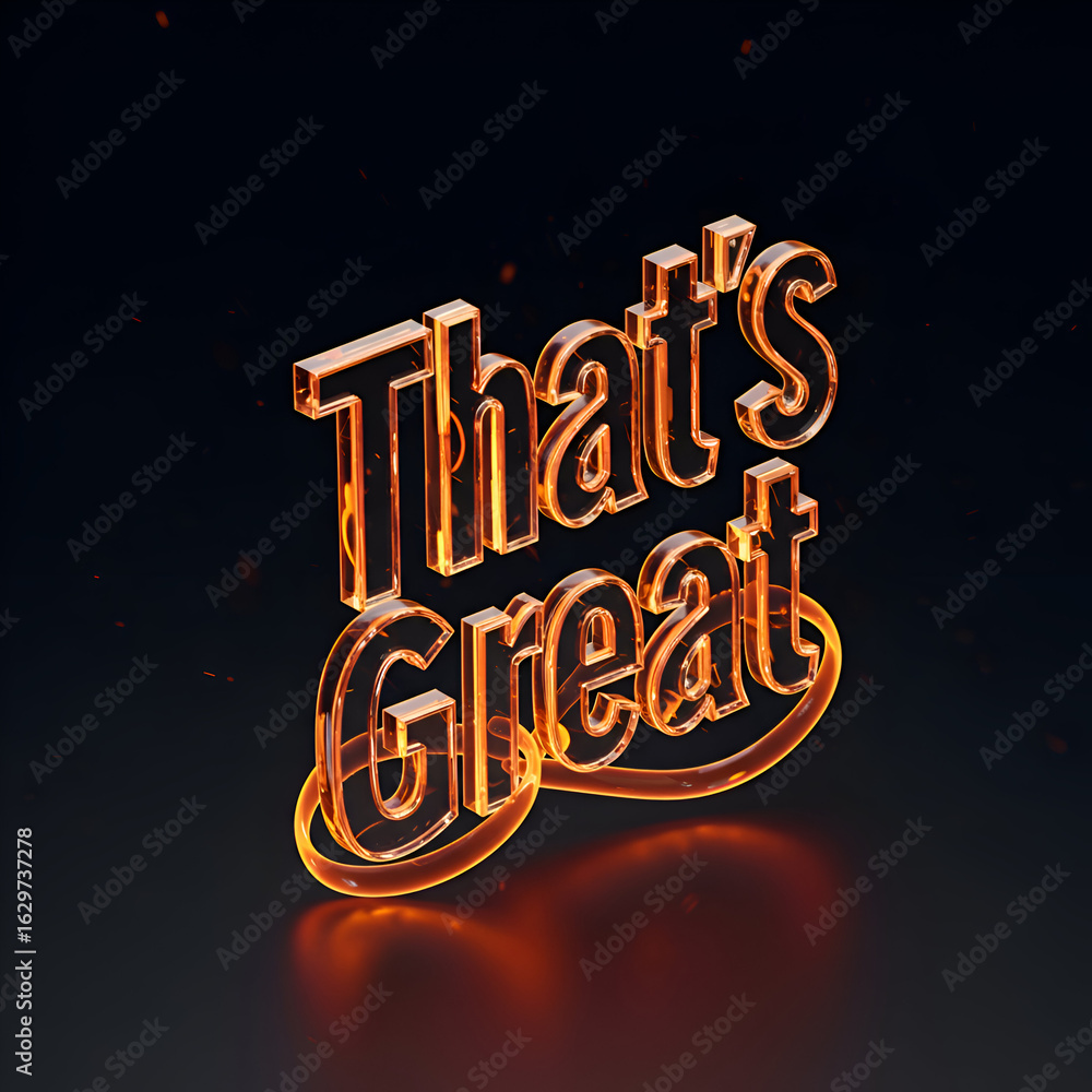 Poster burning, glowing graphic design of that's great text with fire effects in a dark studio setting. sty