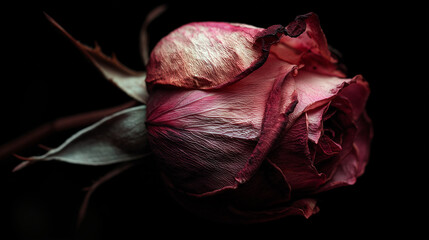 A close-up of a dried, withered rose against a black background. The rose petals have a textured, decaying appearance, displaying the beauty of aging and the passage of time.