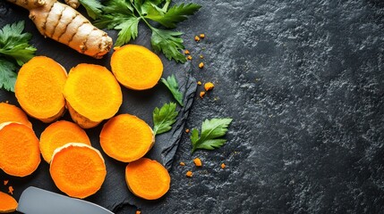 Turmeric root slices and fresh herbs on dark stone