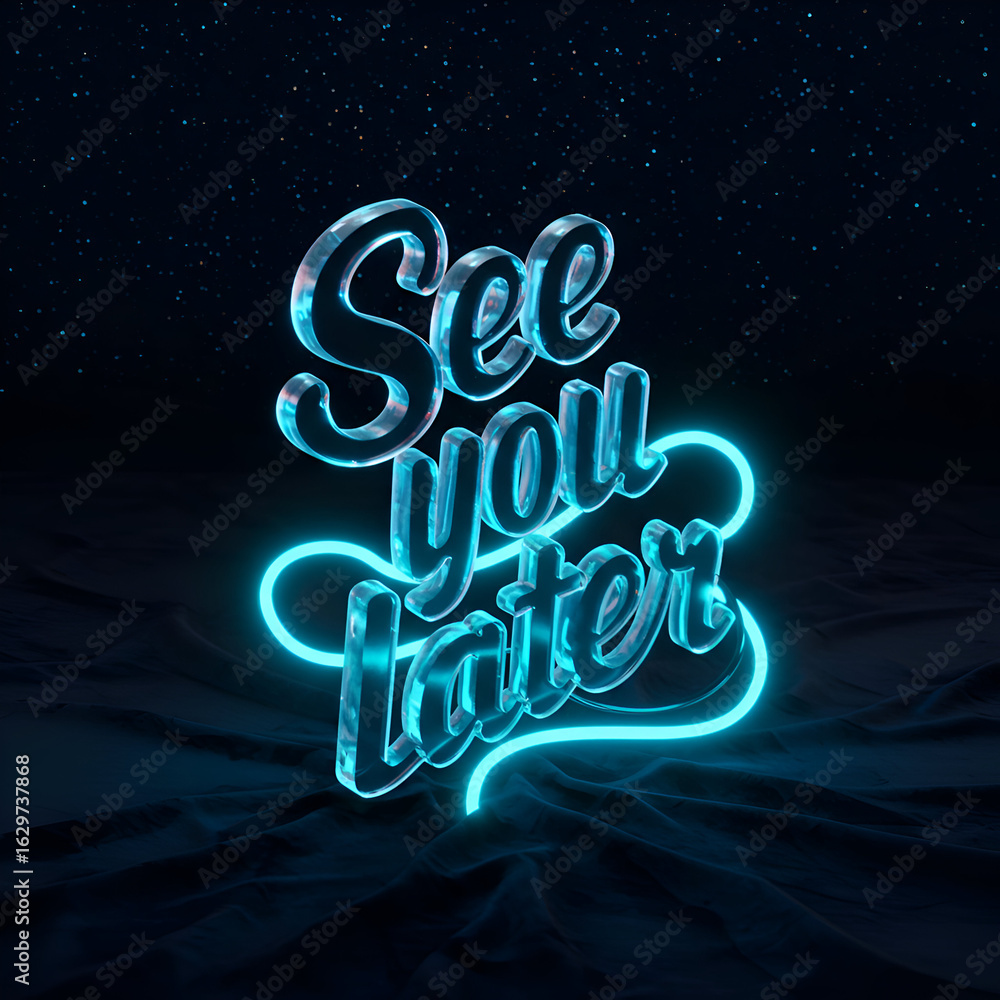 Poster neon see you later text display on dark surface with draped fabric. stylish, modern design with glow