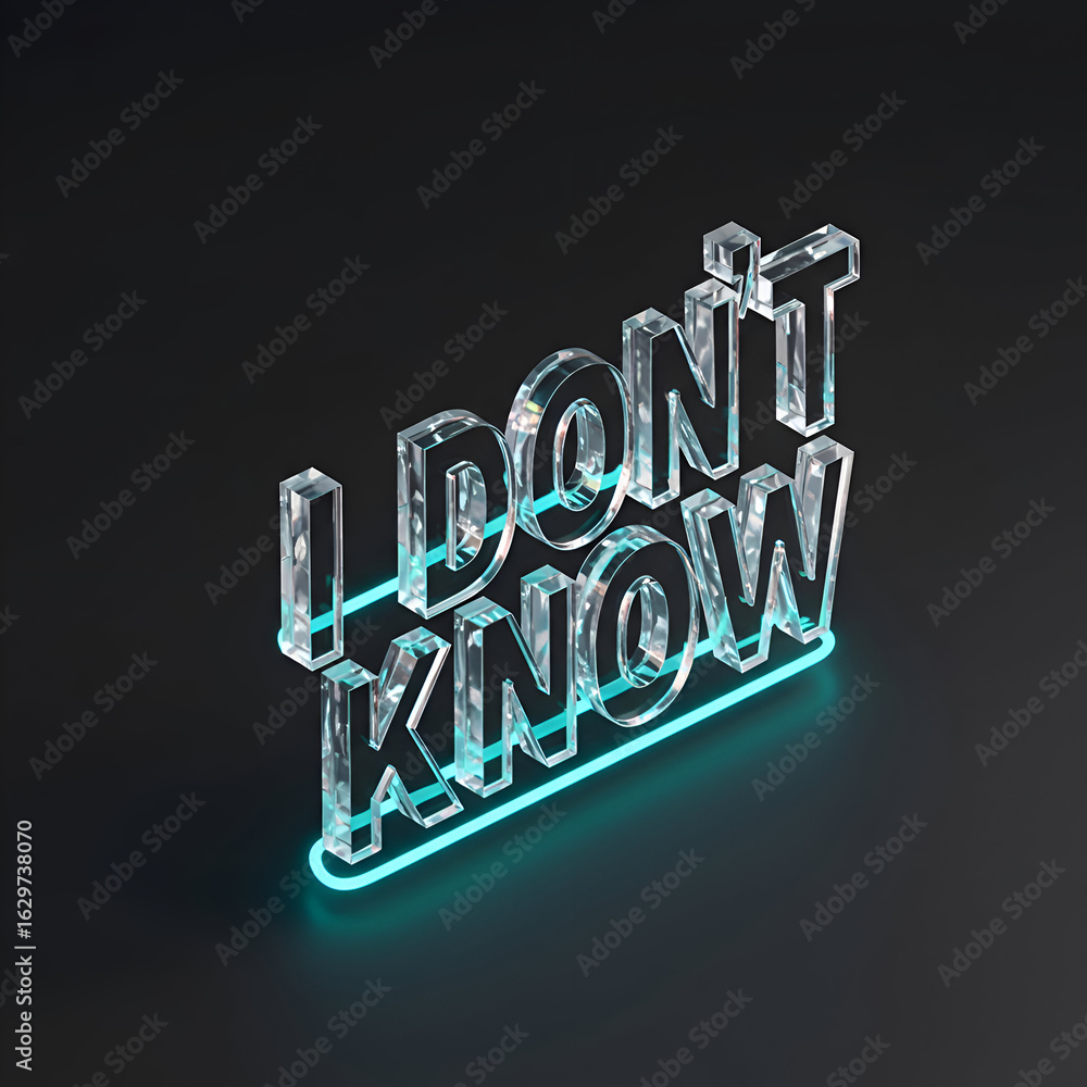 Poster 3d rendered text phrase i don't know in transparent glass letters with a teal neon outline against a