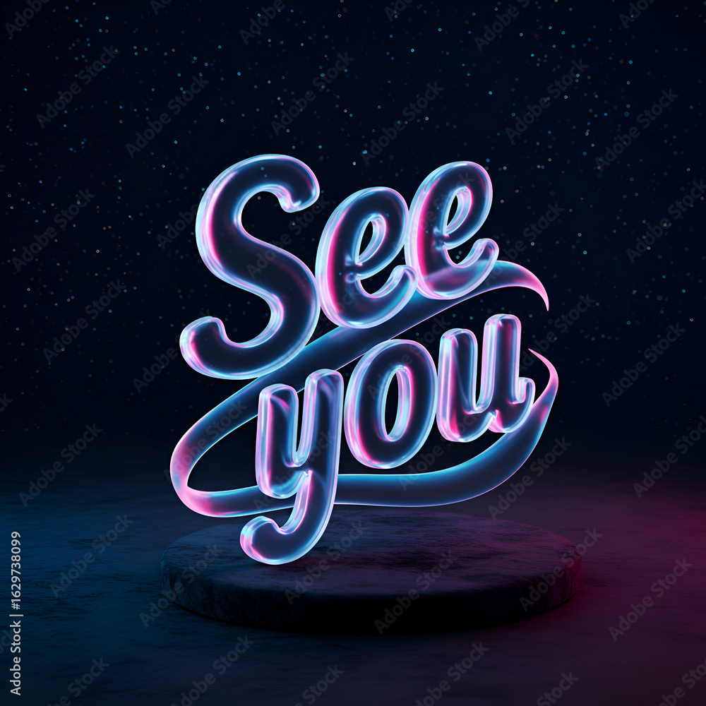 Poster neon see you graphic design display on dark background with starry dust. 3d rendered statement on a 