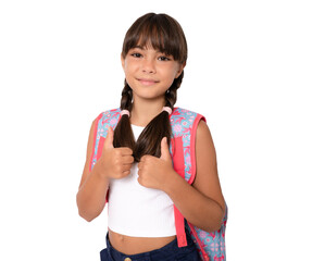 Child girl wearing school backpack looking to camera showing thumbs up over transparent background. PNG.