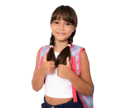 Child girl wearing school backpack looking to camera showing thumbs up over transparent background. PNG.