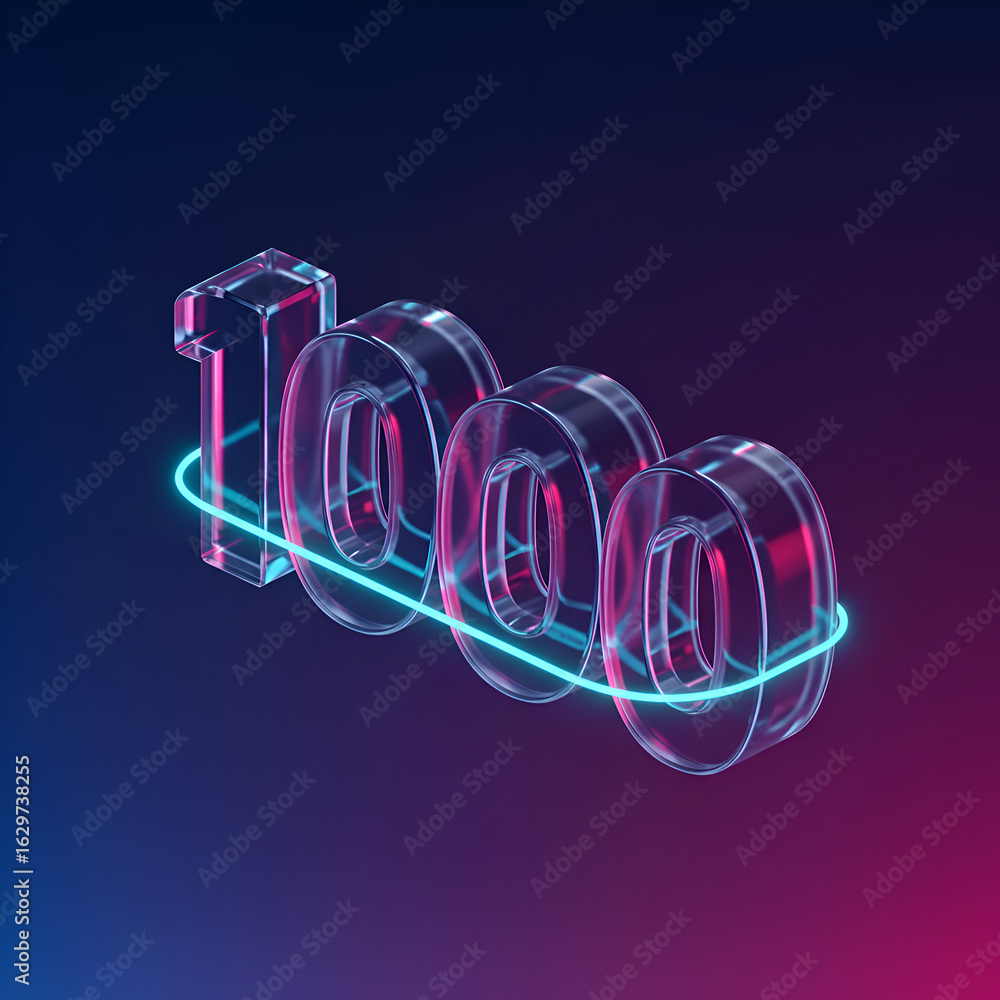 Poster transparent 1000 number display with glowing neon line in a gradient background. abstract graphic de