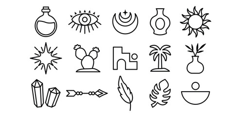 Simple Line Boho Icon Set Featuring Sun Eye Moon and Exotic Plants, Mystical, Magic, Esoteric, Astrology, Crystal Symbol Vector Design Isolatead on White Background