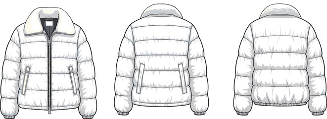  Front, side, and back technical sketch of insulated puffer jacket, fashion flat drawing, winter coat design, outerwear apparel template, vector fashion