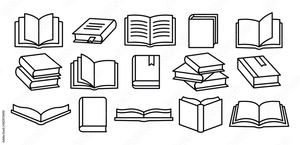 Poster book simple line icon set various open and closed book illustrations monochrome black white color ve