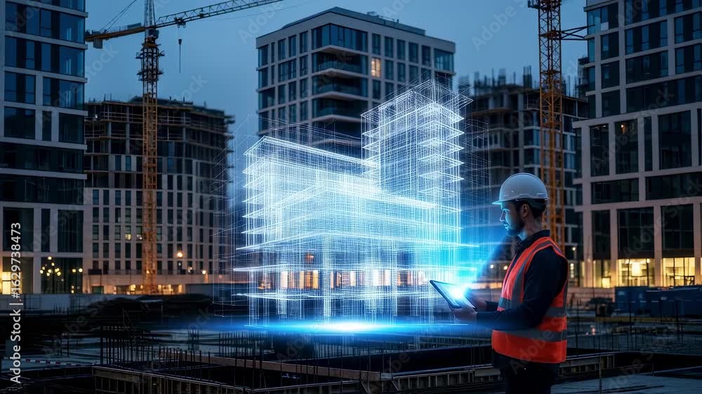 Poster technician standing on site with glowing virtual building design in cuttingedge development area.