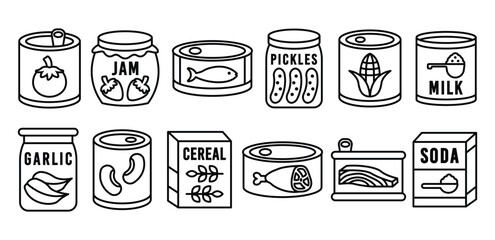 Canned Food Line Icon Featuring Preserved Goods and Pantry Items, Tomato, Fish, Pickles, Milk, Cereal, Meat, Soda, Chicken, Cooking, Market Symbol Vector Design Illustration Sets