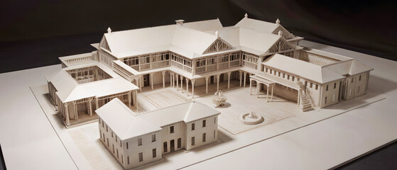 Stylish model of a historical building with streets, columns, made of paper and cardboard, monumental construction of a luxurious amphitheater. Complex construction, Model of a theater made of paper 