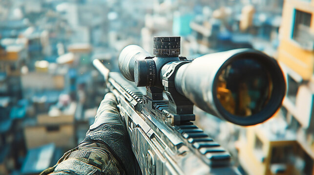 sniper on duty point of view, stationed on top of building, sniper POV while looking down