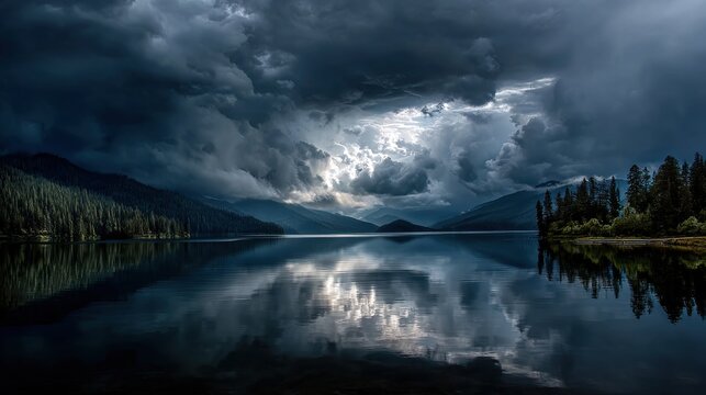 Storm clouds part over a serene lake reflecting the dark sky and surrounding evergreen forest