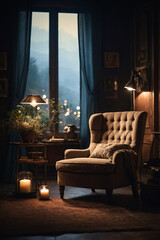 dimly lit luxurious living room interior with modern sofa near window contemporary home decor inspiration idea aesthetic wallpaper background