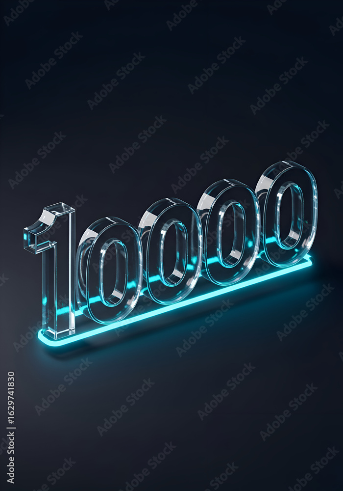 Poster transparent 10000 number display with glowing light accents in a dark studio setting. modern digital