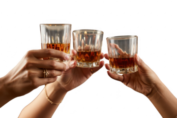 Cheers with whiskey isolated on transparent background.