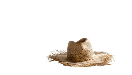 A straw hat, light beige in color, sits centrally in a dark image.  The hat's brim is slightly uneven, with frayed edges.  It's a simple, classic design