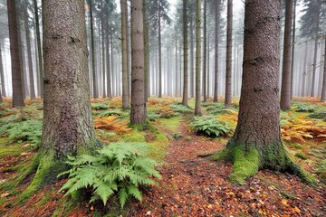 Misty forest path lined with tall trees and ferns