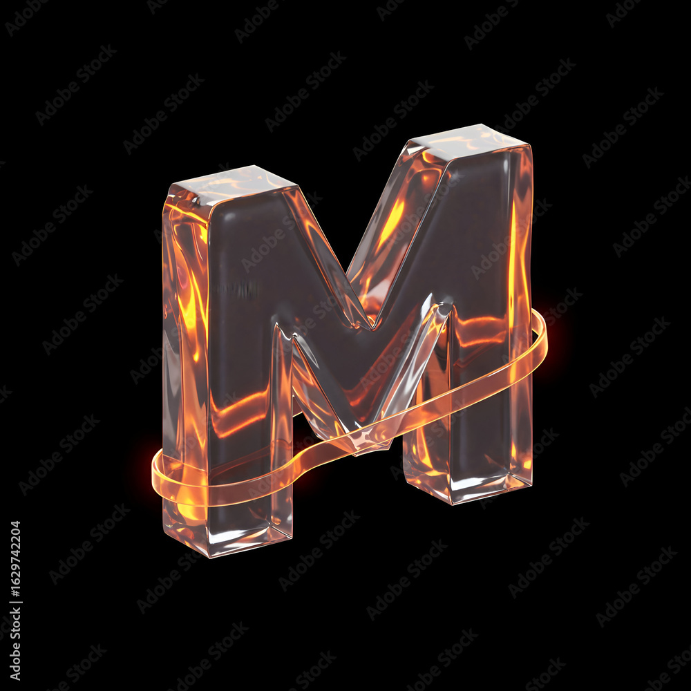Poster glass letter m with fiery orange accents in a black background. abstract 3d design element for brand