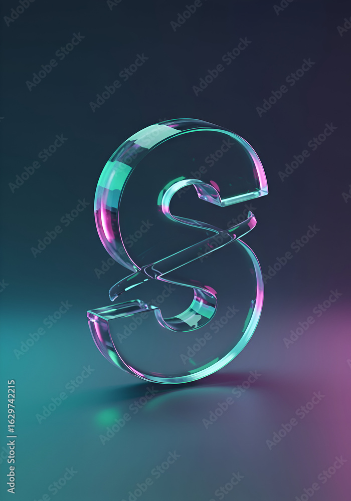 Poster a translucent paragraph symbol in vibrant teal and fuchsia hues, illuminated by gradient neon lighti