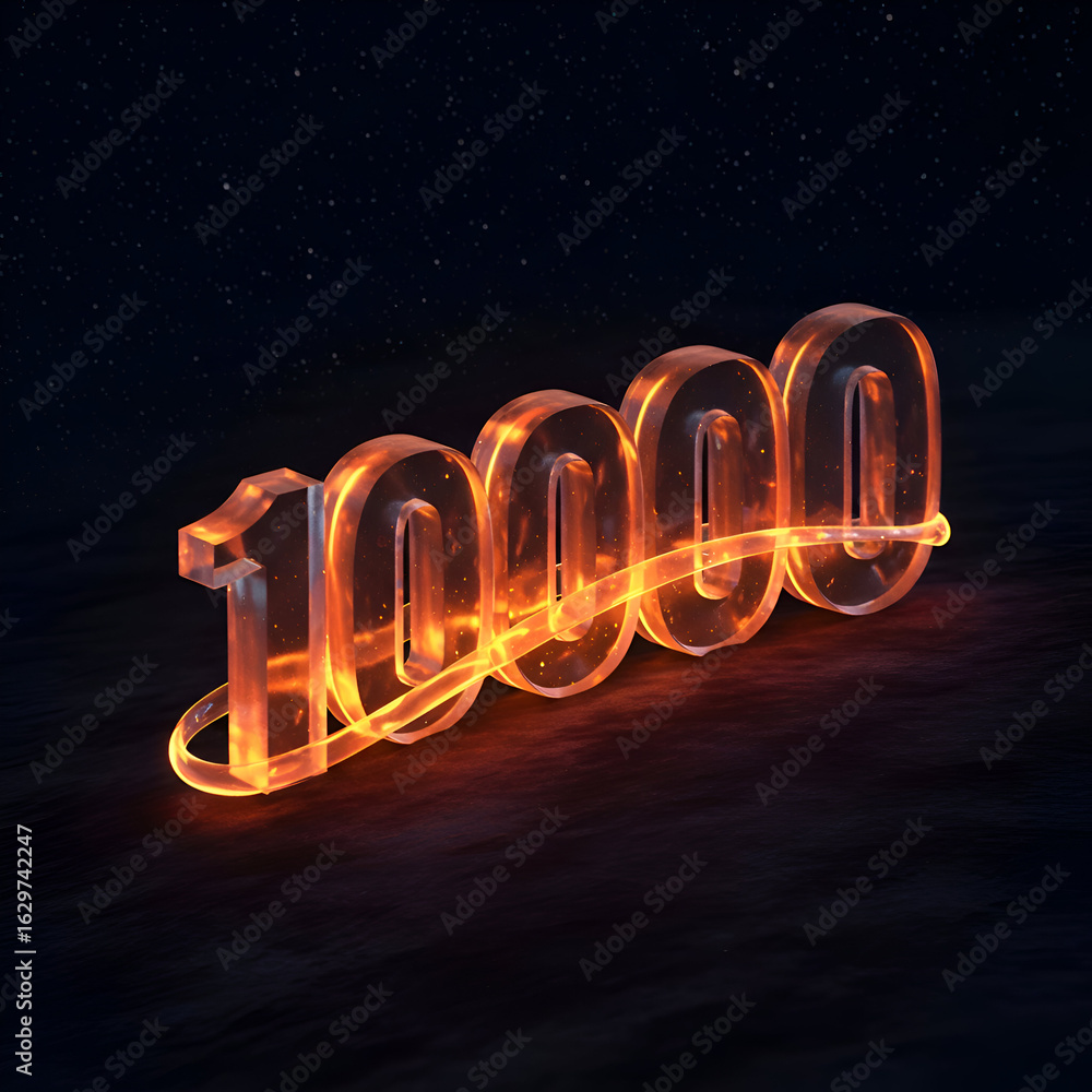 Poster 10000 glowing transparent number display on dark background. a fiery orange glow highlights the numb