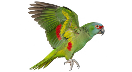 A green parrot with red and yellow markings flies isolated on transparent background